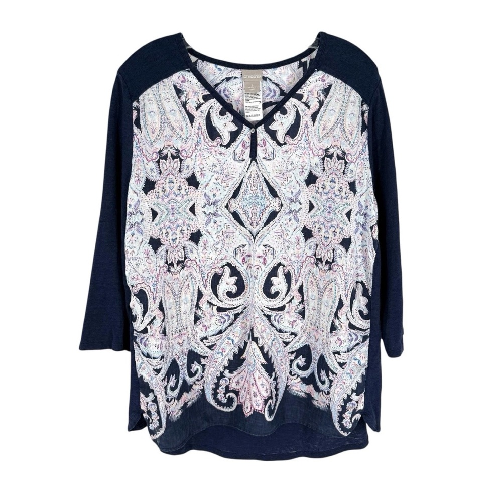Chicos Linen Blouse Size 3 Navy Blue Mixed Media Pink Paisley Print Womens XL